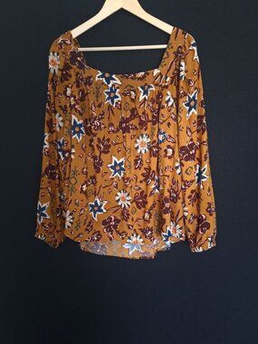 💙 Sonoma Women’s Floral Peasant Blouse Size XL Brown Boho Long Sleeve Square Ne
